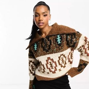NWT Fairisle Chunky Rollneck Western Aztec Tribal Quarter Zip Sweater XL